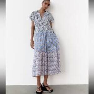 ZARA Tiered Ruffle Midi Dress Printed 100% Cotton Comfy Casual Size Small S